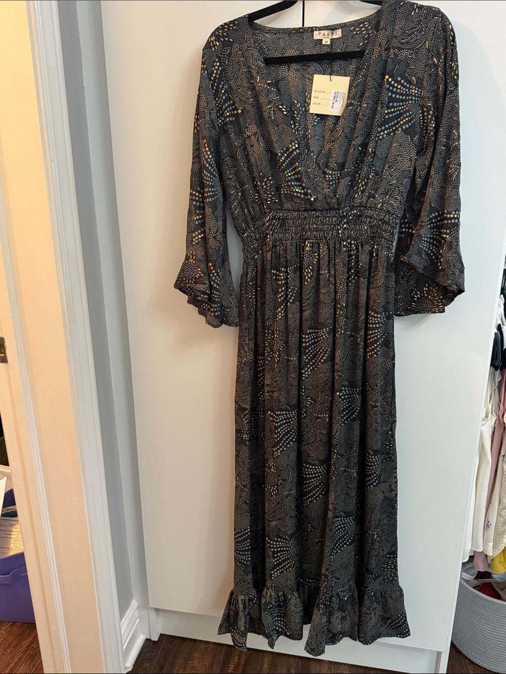Parings- Smocked Waist Black Patterned Maxi Dress with Subtle Metallic Accents